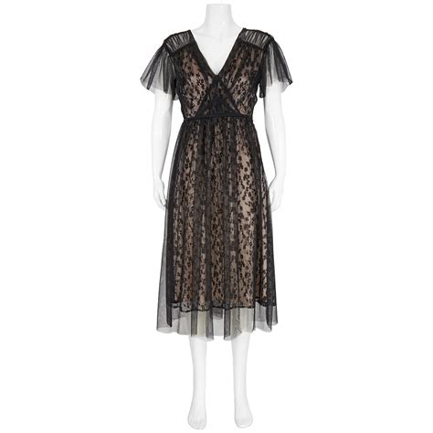 BURBERRY Ruffled Hem Embroidered Tulle Dress in Black